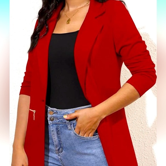 Genhoo Women's Red Long Sleeve Blazer Open Front Cardigan Jacket Work - Picture 1 of 10